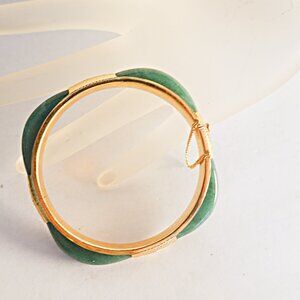 Vintage  Green Jade Golt over Sterling Silver Hinged Bangle Bracelet